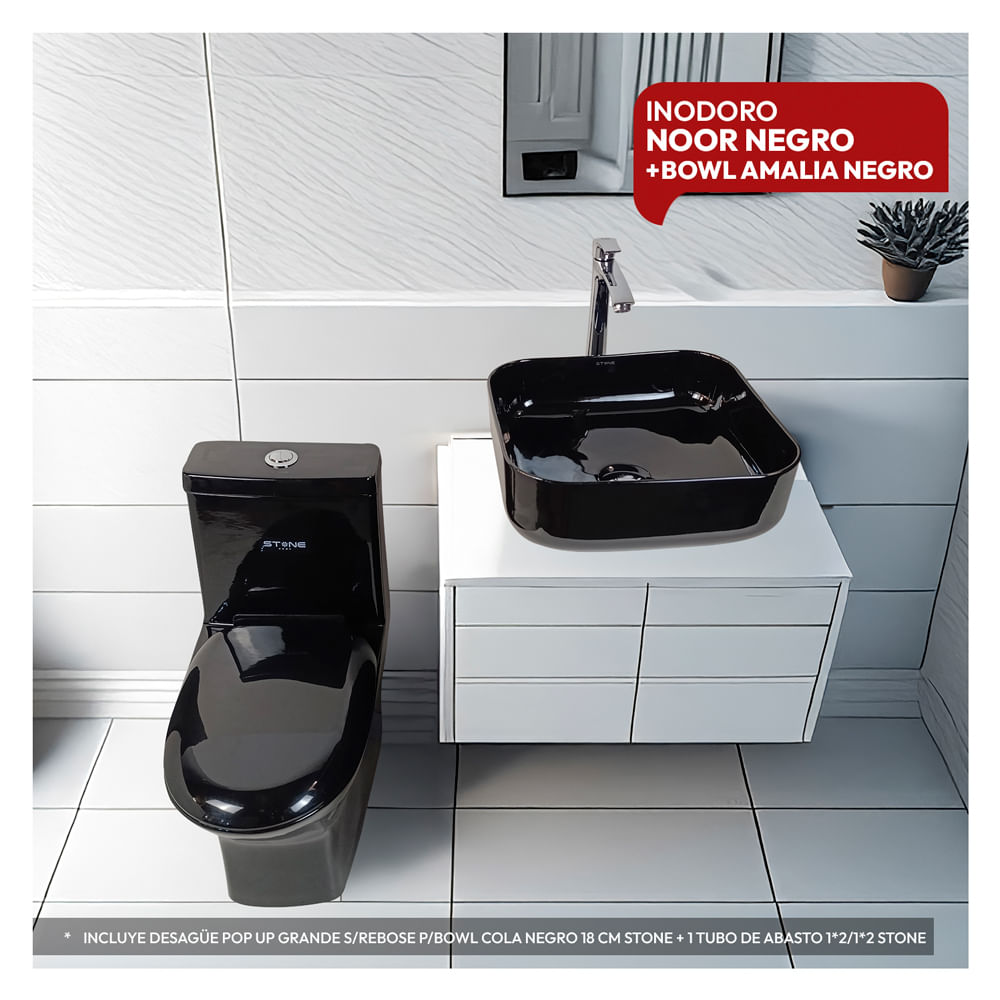 Combo De Inodoro One Piece Negro + Bowl Black + Desague Pop up Cola Negro Stone