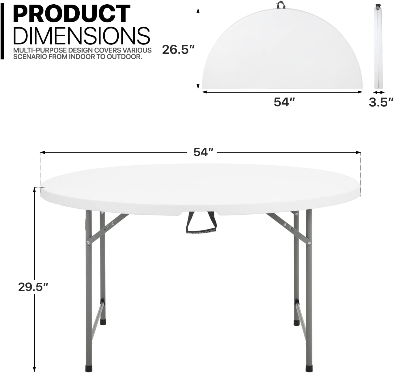 Mesa plegable redonda de 4.5 pies, mesa de comedor de plástico para interiores y exteriores con asa y cerradura para picnic, fiesta, banquete, boda, color blanco