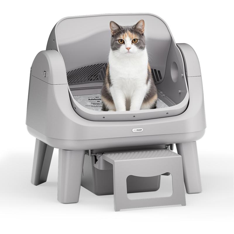 Arenero automático PetPivot AutoScooper 12 Lite con tapa abierta y autolimpieza, con 7 pares de sensores de seguridad, protección antipinzamiento y escalón de fácil acceso para gatos mayores.