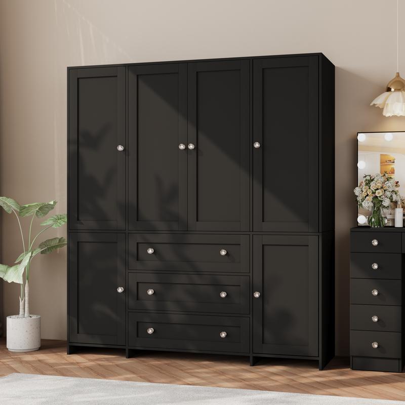 Armario alto de madera VOWNER de 4 puertas para dormitorio, organizador con amplios cajones, espejo, barras para colgar ropa y estantes. Armario de almacenamiento de ropa para dormitorio.