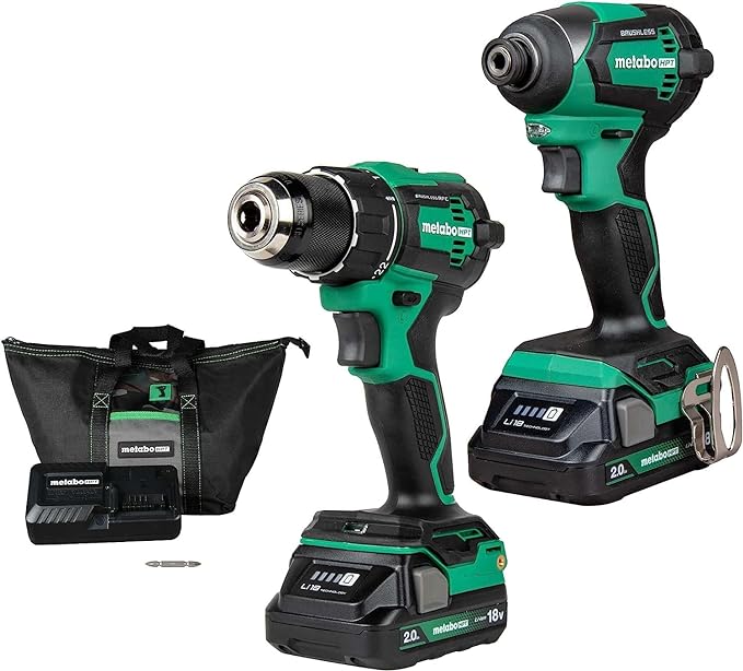 Metabo HPT - Kit combinado de taladro inalámbrico sin escobillas MultiVolt™ de 18 V, incluye baterías de 2 a 18 V, 2.0 Ah, KC18DEXQB