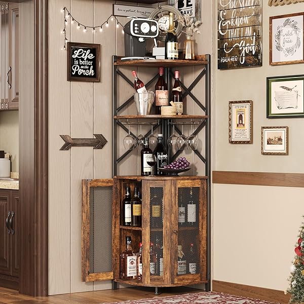 clóset de barra de esquina con luces LED, gabinete industrial de 5 niveles con soporte de vidrio, gabinete de licor de granja con estante ajustable, barra para el hogar para gabinete de bar 5-Tier Wine Cabinet