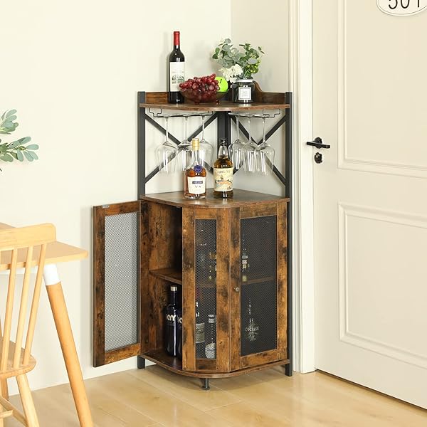 clóset de barra de esquina con luces LED, gabinete industrial de 5 niveles con soporte de vidrio, gabinete de licor de granja con estante ajustable, barra para el hogar para gabinete de bar 5-Tier Wine Cabinet