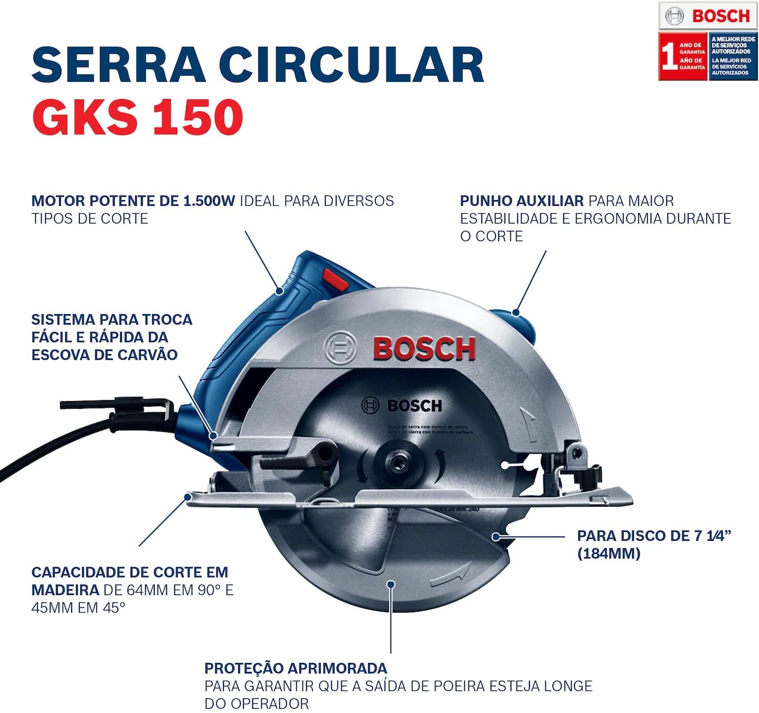 Sierra Circular Bosch GKS 150 1500W 127V 2 Discos y guía