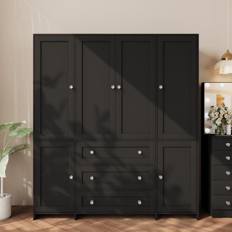 Armario alto de madera VOWNER de 4 puertas para dormitorio, organizador con amplios cajones, espejo, barras para colgar ropa y estantes. Armario de almacenamiento de ropa para dormitorio.