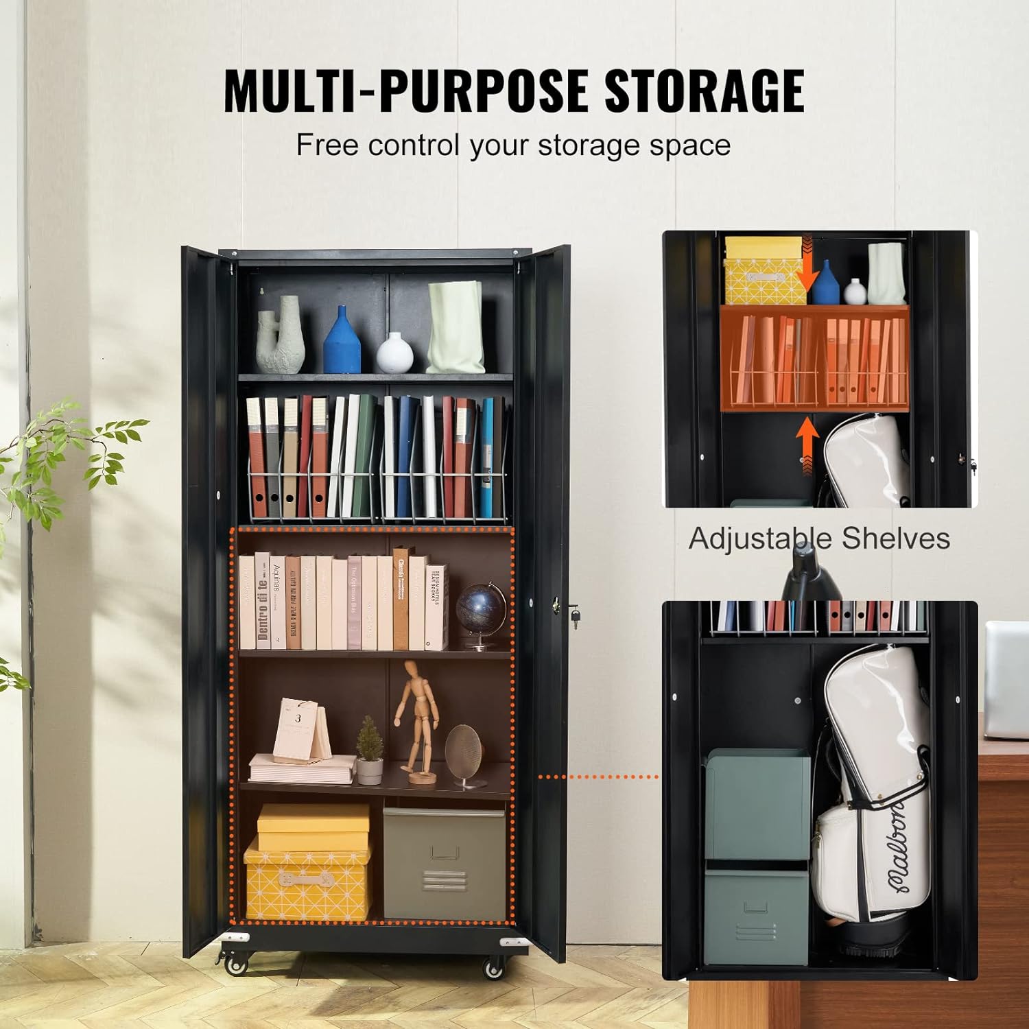 Metal Storage Cabinet with Wheels, 75'' Locking Steel Storage Cabinet with 2 Magnetic Doors and 4 Adjustable Shelves for Office, Garage, Home