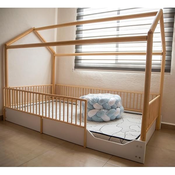 Cama Casa Montessori de Madera con Barandales (Gris Oscuro, Queen (estándar de EE. UU.)) Queen Gris oscuro