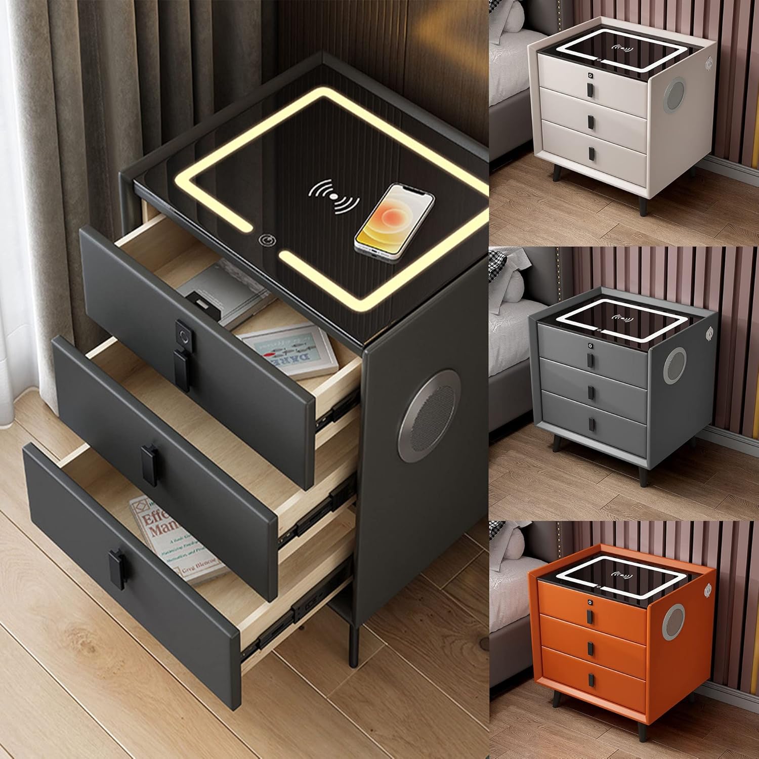 Mesita de noche inteligente con luz LED ajustable, mesita de noche moderna con altavoz Bluetooth, carga inalámbrica, puerto USB, cajón con cerradura de huellas dactilares, muebles inteligentes para cargar y cargar