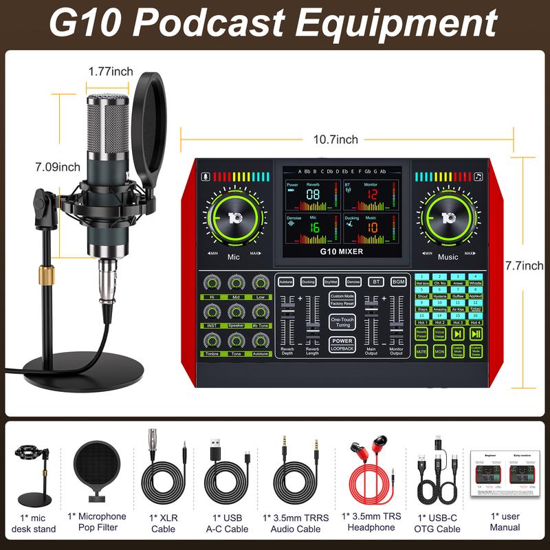 Kit de tarjeta de sonido de mezcla Tenlamp G10-P15, efectos de sonido personalizables, reducción de ruido de dos niveles, equipado con un micrófono de condensador, adecuado para transmisión en vivo, juegos, canto, podcasting y más.