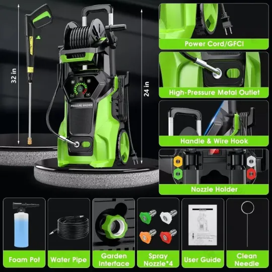 Lavadora de Alta Presión Eléctrica 4800 PSI 3.2 GPM con 4 Puntas Diferentes, Máquina de Limpieza de Alta Potencia de 1800W para Coches, Patios y Limpieza de Pisos