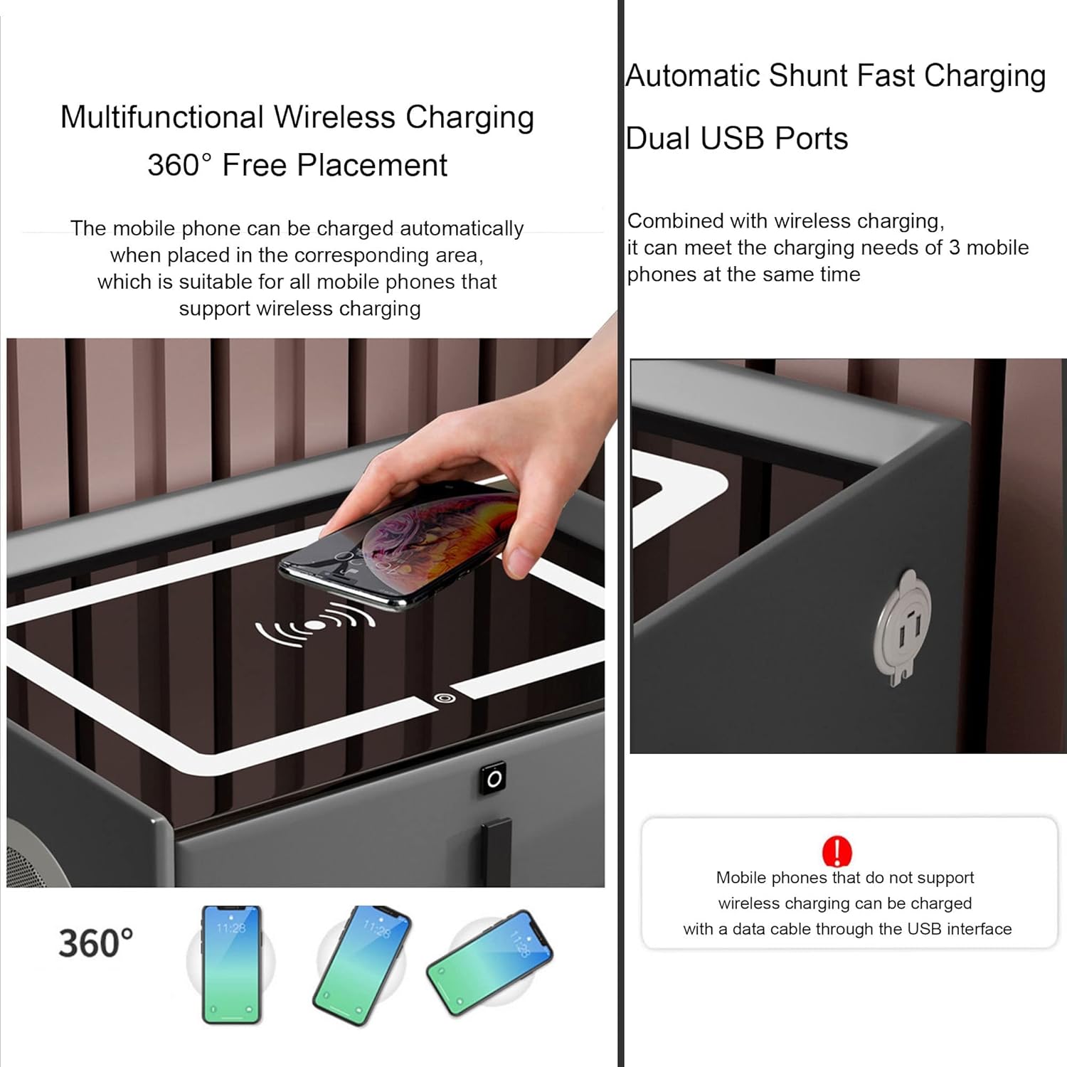 Mesita de noche inteligente con luz LED ajustable, mesita de noche moderna con altavoz Bluetooth, carga inalámbrica, puerto USB, cajón con cerradura de huellas dactilares, muebles inteligentes para cargar y cargar