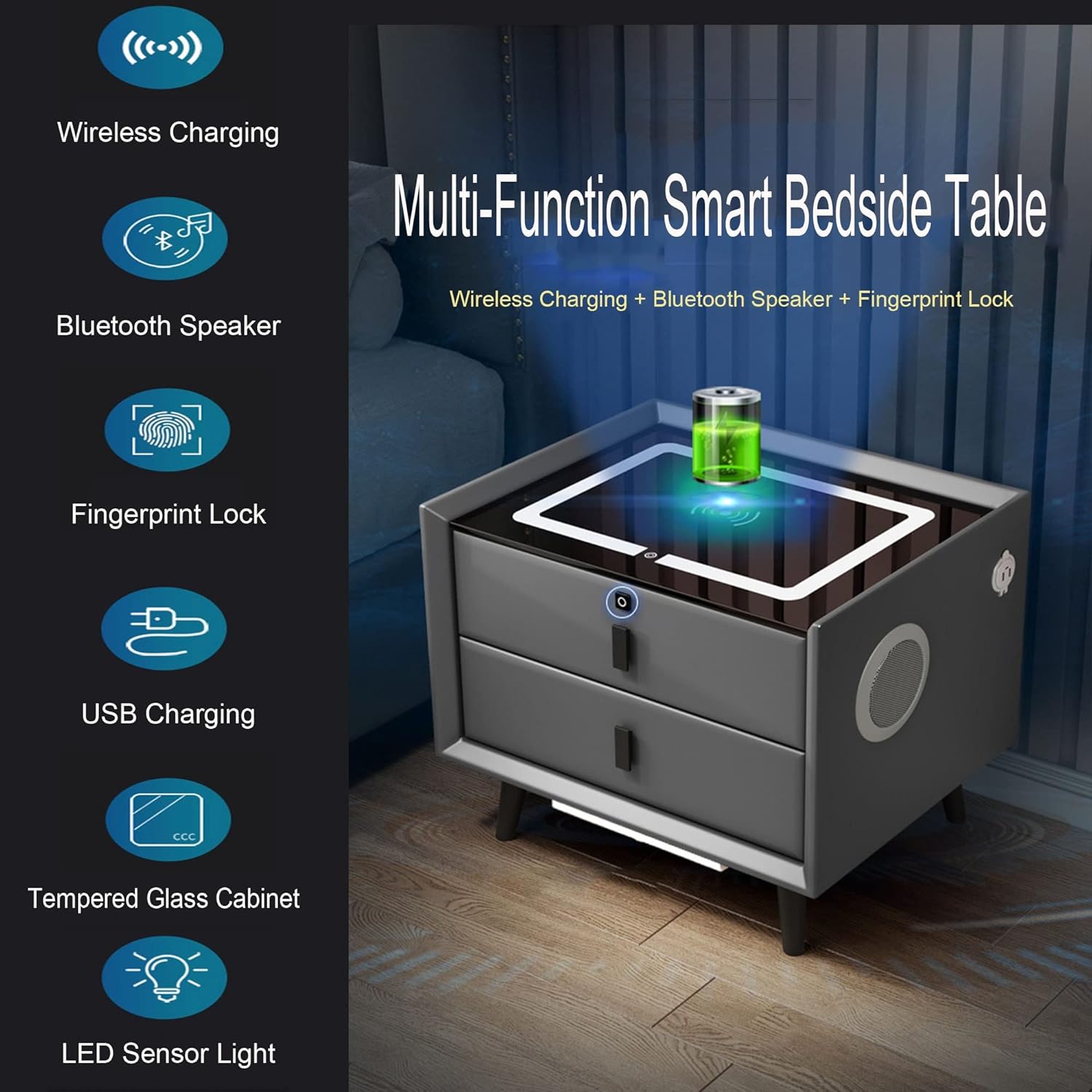 Mesita de noche inteligente con luz LED ajustable, mesita de noche moderna con altavoz Bluetooth, carga inalámbrica, puerto USB, cajón con cerradura de huellas dactilares, muebles inteligentes para cargar y cargar