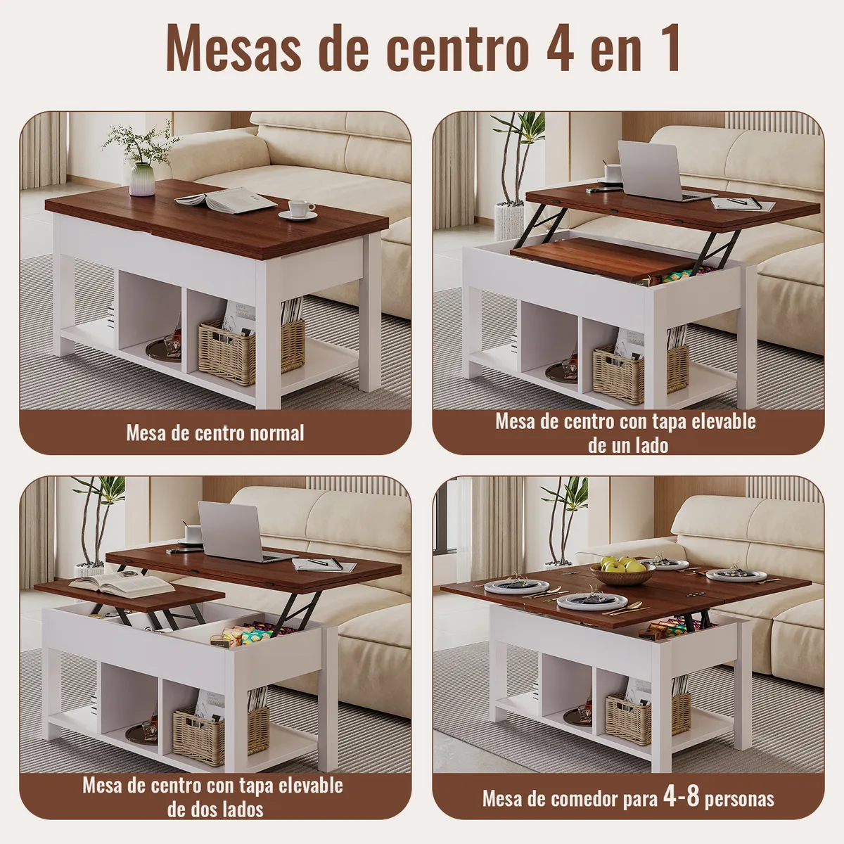 Mesa De Centro 4 in 1 con Doble Cubierta Elevable Marrón