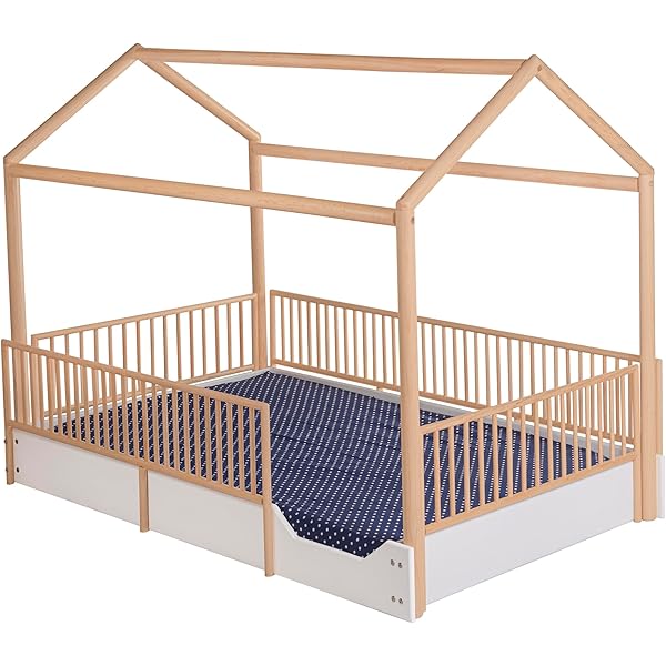 Cama Casa Montessori de Madera con Barandales (Gris Oscuro, Queen (estándar de EE. UU.)) Queen Gris oscuro
