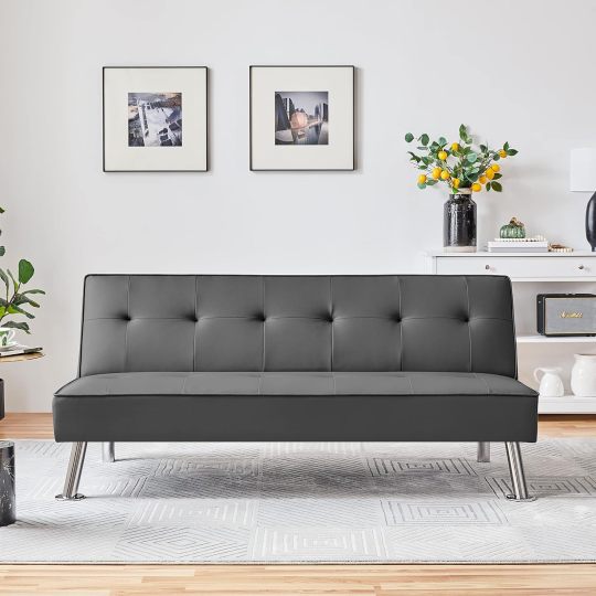 Sofá Convertible de Piel sintética, sofá Cama, sofá de futón, sofá Ajustable, sofá de futón, Muebles de Sala de Estar con Patas de Metal Chapado en Cromo, Gris