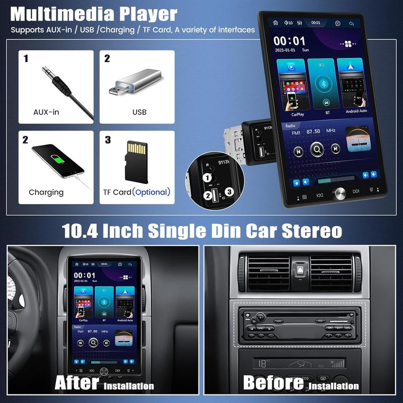 Autoestéreo de 10.4 pulgadas de un solo DIN con Carplay inalámbrico Android Auto, pantalla táctil vertical IPS 1080P, Bluetooth 5.2, cámara de reversa LED de 12 pulgadas, radio FM, USB/AUX, Mirror Link, SWC, SummerVibes fathersdaygift