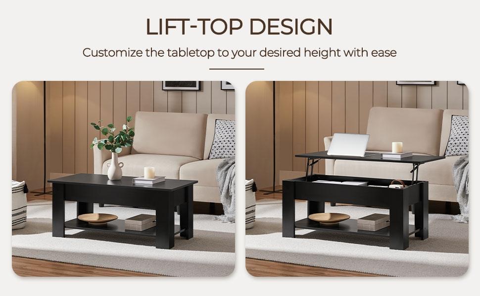 【Mother's Day Gift】Yaheetech Lift Top Coffee Table Hidden Compartment & 2 Open Shelves Multipurpose Design Gas Lift  Small Space Friendly Living Room/Office/Home Use