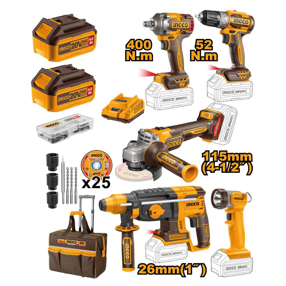 Kit 5 Herramientas  Taladro + Llave Impacto + Rotomartillo + Amoladora + Linterna 20V
