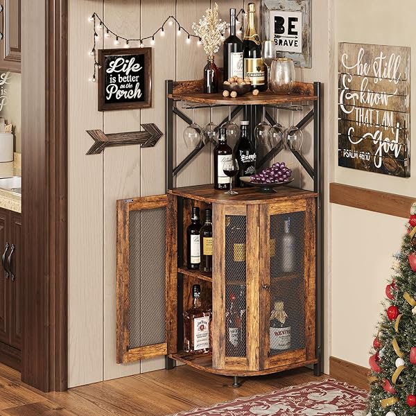 clóset de barra de esquina con luces LED, gabinete industrial de 5 niveles con soporte de vidrio, gabinete de licor de granja con estante ajustable, barra para el hogar para gabinete de bar 5-Tier Wine Cabinet