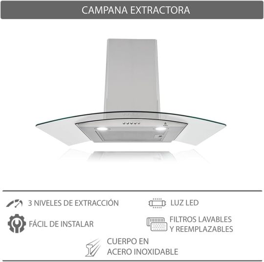 empotrable Zenit, Parrilla a gas de 5 quemadores para empotrar Mod. ZEGNA, Campana extractora de pared Mod. CC-76,Horno en acero inoxidable con cristal templado Mod. SILVER VORTEX