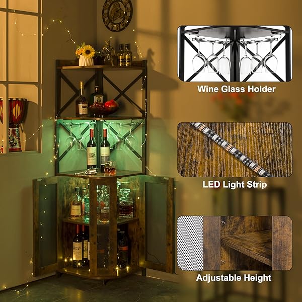 clóset de barra de esquina con luces LED, gabinete industrial de 5 niveles con soporte de vidrio, gabinete de licor de granja con estante ajustable, barra para el hogar para gabinete de bar 5-Tier Wine Cabinet