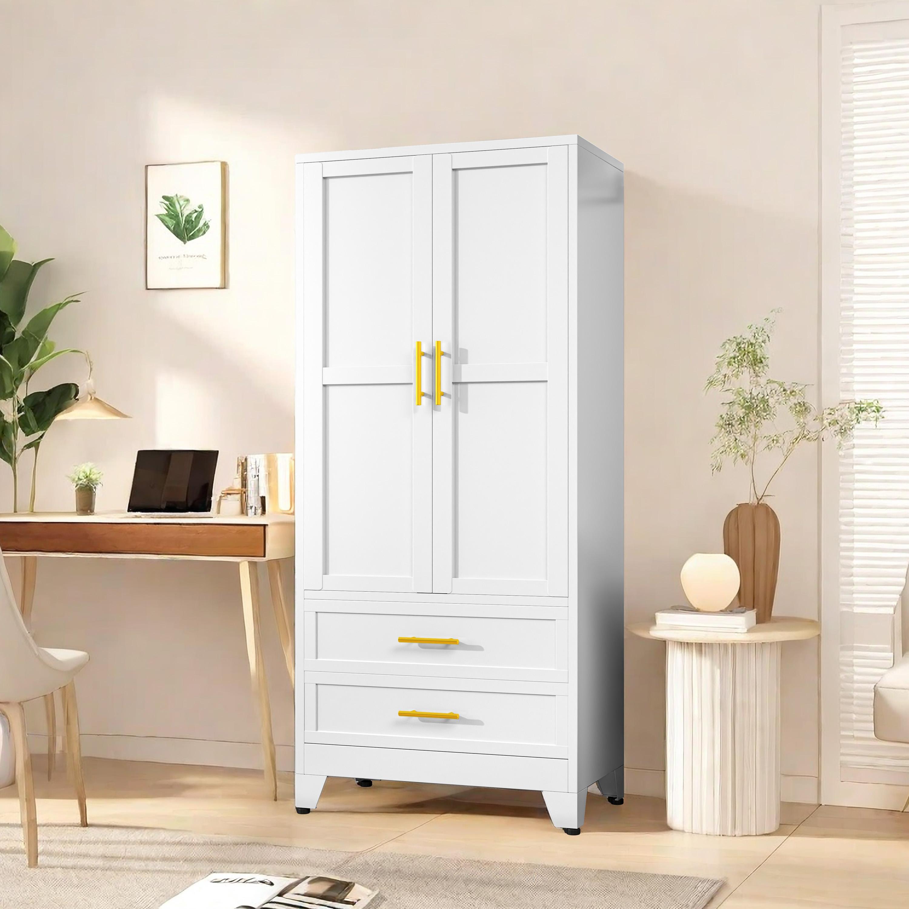 Metal Wardrobe Closet with 2 Doors & 2 Drawers, 71"" Tall Armoire Wardrobe Closet with Hanging Rods and Adjustable Shelf, Steel Wardrobe Storage Cabinet for Bedroom, Large mothersdaygift