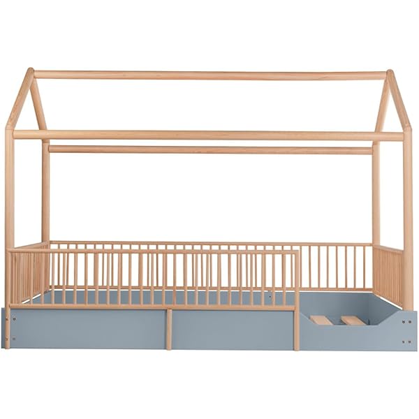 Cama Casa Montessori de Madera con Barandales (Gris Oscuro, Queen (estándar de EE. UU.)) Queen Gris oscuro