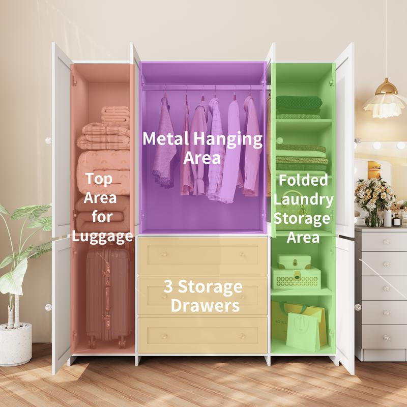 Armario alto de madera VOWNER de 4 puertas para dormitorio, organizador con amplios cajones, espejo, barras para colgar ropa y estantes. Armario de almacenamiento de ropa para dormitorio.