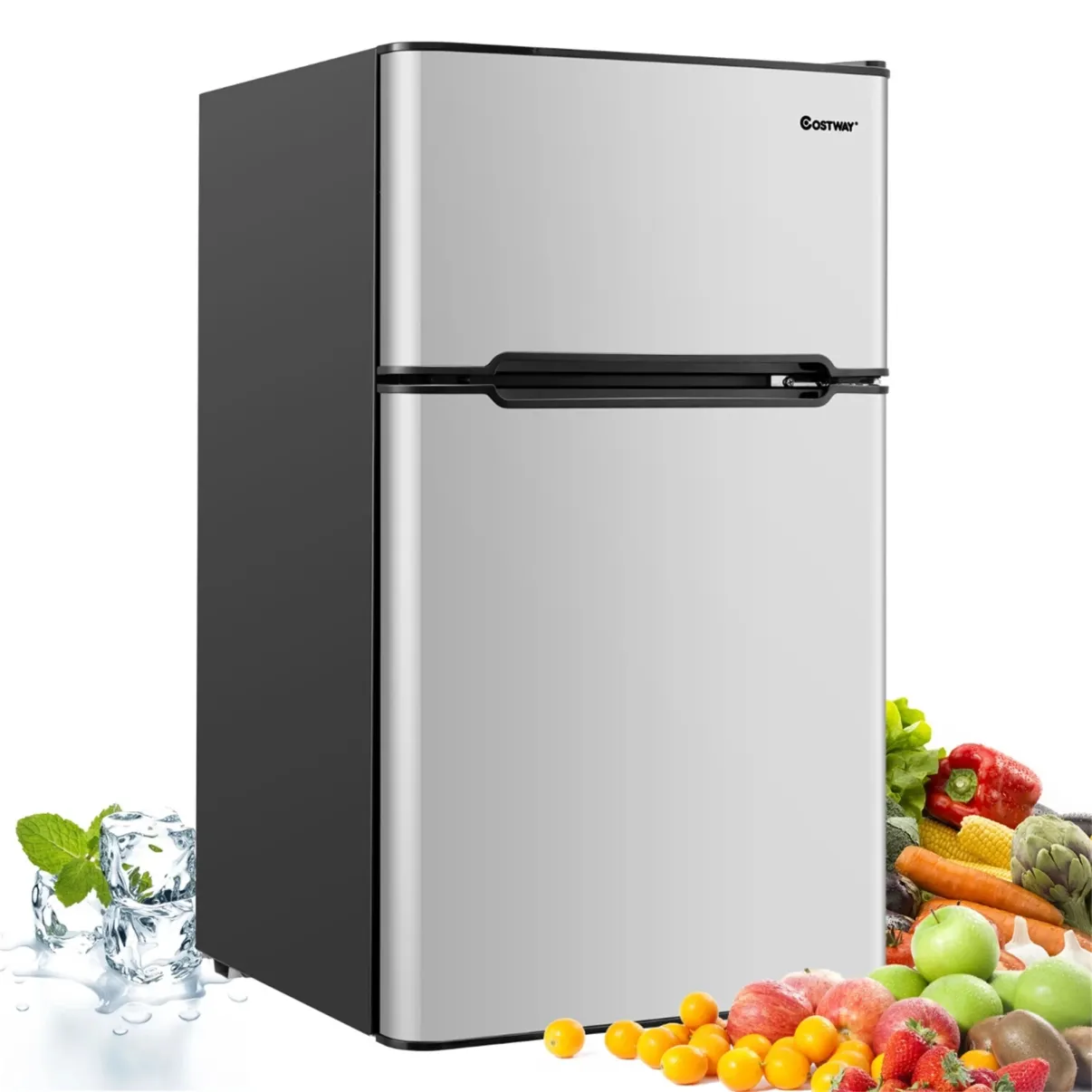 Costway Frigorífico Compacto Mini Nevera 90 L Congelador Separado con 2 Puertas Luz LED Refrigeración Rápida Ahorro Energético Silencioso Gris