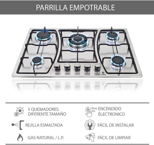 empotrable Zenit, Parrilla a gas de 5 quemadores para empotrar Mod. ZEGNA, Campana extractora de pared Mod. CC-76,Horno en acero inoxidable con cristal templado Mod. SILVER VORTEX