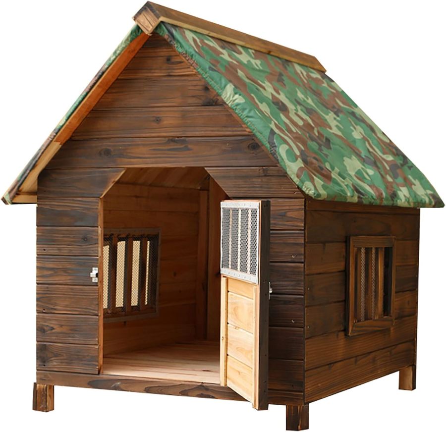 Casa grande de madera para perros al aire libre, resistente al viento y a la lluvia, con puertas y ventanas, cubierta de camuflaje para lluvia, tamaño: 56 x 45 x 48 cm