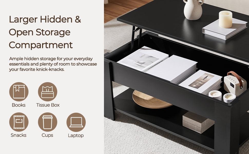 【Mother's Day Gift】Yaheetech Lift Top Coffee Table Hidden Compartment & 2 Open Shelves Multipurpose Design Gas Lift  Small Space Friendly Living Room/Office/Home Use