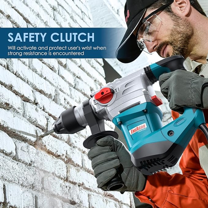SDS-Plus - Martillo perforador giratorio de 13 amperios de 1-1/4 pulgadas, 4 funciones de embrague de seguridad con control de vibración, incluye grasa, cinceles y brocas con estuche