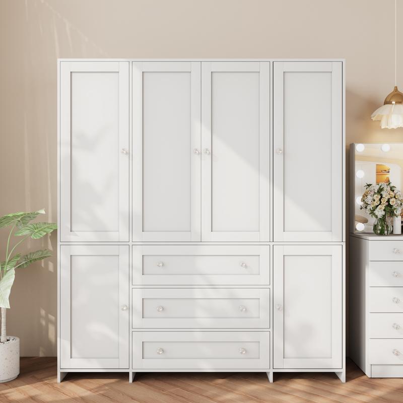 Armario alto de madera VOWNER de 4 puertas para dormitorio, organizador con amplios cajones, espejo, barras para colgar ropa y estantes. Armario de almacenamiento de ropa para dormitorio.