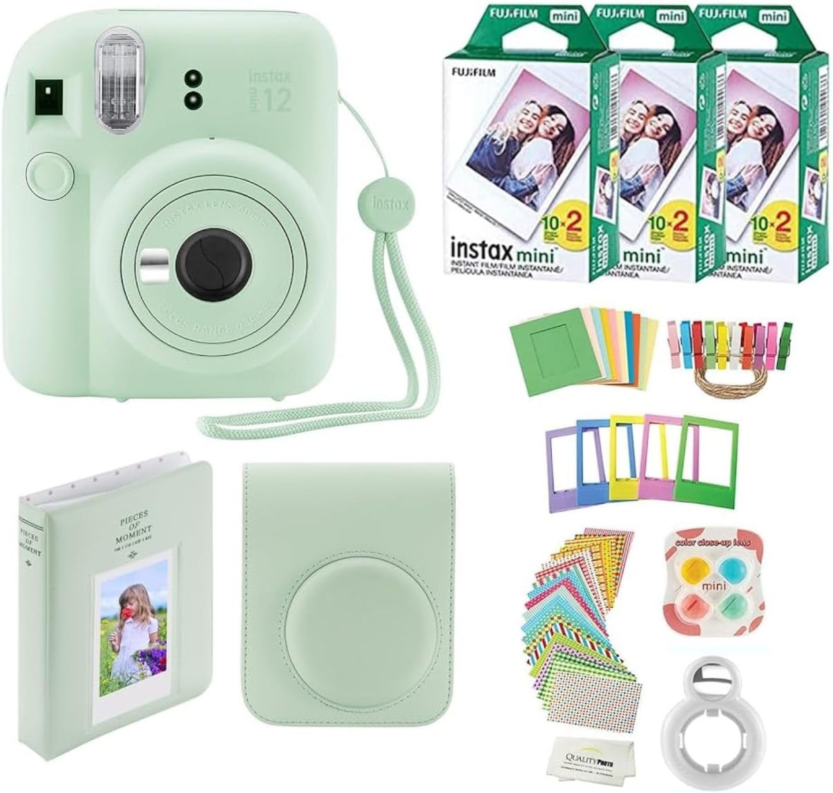 Fujifilm Instax Mini 12 cámara instantánea + 60 impresiones fotográficas + paquete de calidad para fotos, estuche, pegatinas decorativas, marcos, álbum de fotos, verde menta
