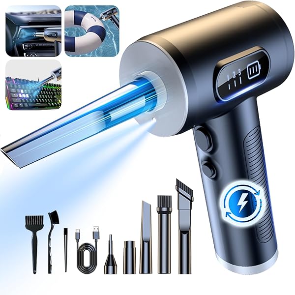 Plumero de aire comprimido, soplador de aire eléctrico portátil inalámbrico de 3 velocidades a 100000 RPM con luz LED, para limpiar teclados y PC, kit de limpieza de aire (sin plumeros de aire enlatados), recargable (negro)