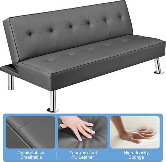 Sofá Convertible de Piel sintética, sofá Cama, sofá de futón, sofá Ajustable, sofá de futón, Muebles de Sala de Estar con Patas de Metal Chapado en Cromo, Gris