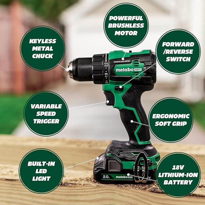 Metabo HPT - Kit combinado de taladro inalámbrico sin escobillas MultiVolt™ de 18 V, incluye baterías de 2 a 18 V, 2.0 Ah, KC18DEXQB