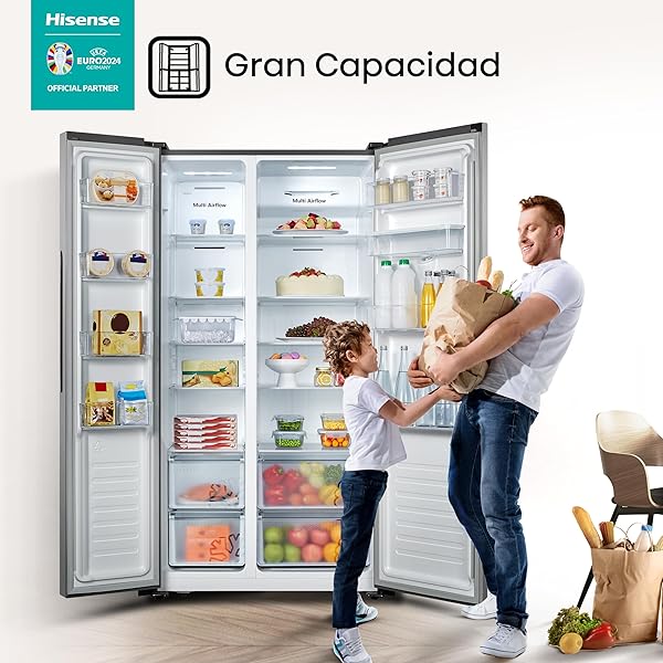 Refrigerador Side by Side, con dispensador de agua, gran capacidad, función Total No Frost, apariencia de acero inoxidable (91.0 x 178.6 x 64.3cm), de 519L (~19 pies), Gris