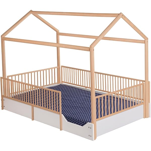 Cama Casa Montessori de Madera con Barandales (Gris Oscuro, Queen (estándar de EE. UU.)) Queen Gris oscuro
