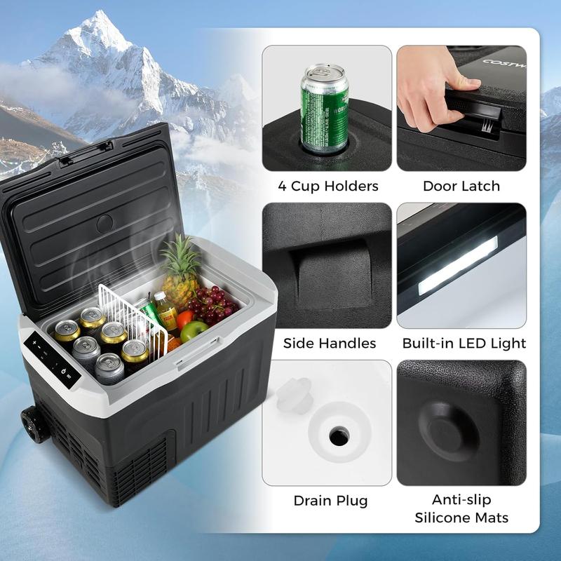 Refrigerador portátil para auto, 23/32/42 cuartos de galón, con rango ajustable de -4℉~68℉, 12/24 V CC 100-240 V CA, refrigerador eléctrico con congelador y separador para camping, caravana, viajes, pesca, hogar, color negro.