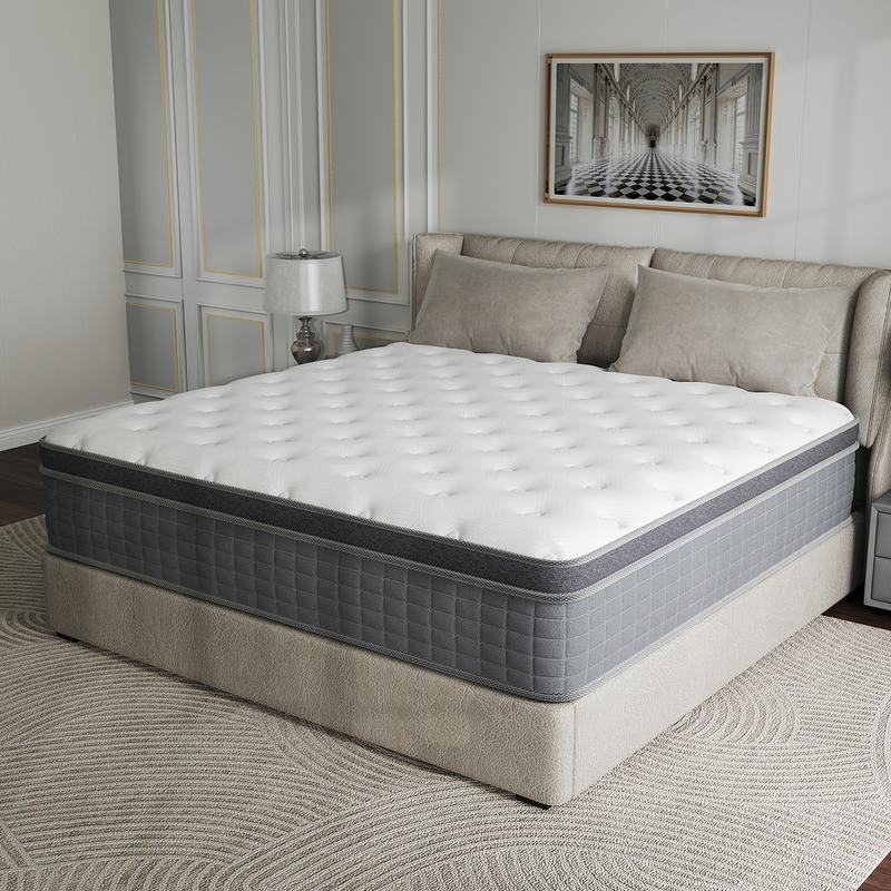 Colchón híbrido BOMASS de 10", 12" y 14" (tamaños individual, matrimonial, queen y king) con espuma viscoelástica, firmeza media y resortes ensacados. Una nueva experiencia de sueño de lujo y refrescante.