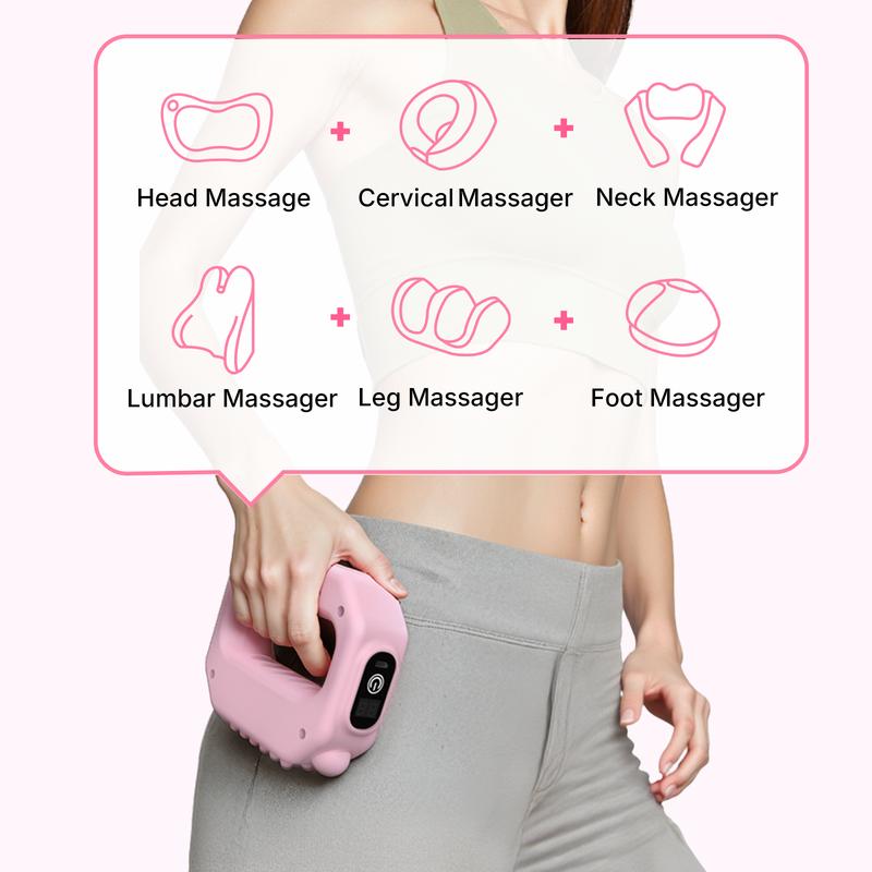Vibrador portátil inalámbrico Merach para todo el cuerpo: 6 niveles de velocidad, masajeador percusivo de tejido profundo para aliviar los músculos del cuello y los hombros, ideal para la relajación. Diseño en rosa y gris.