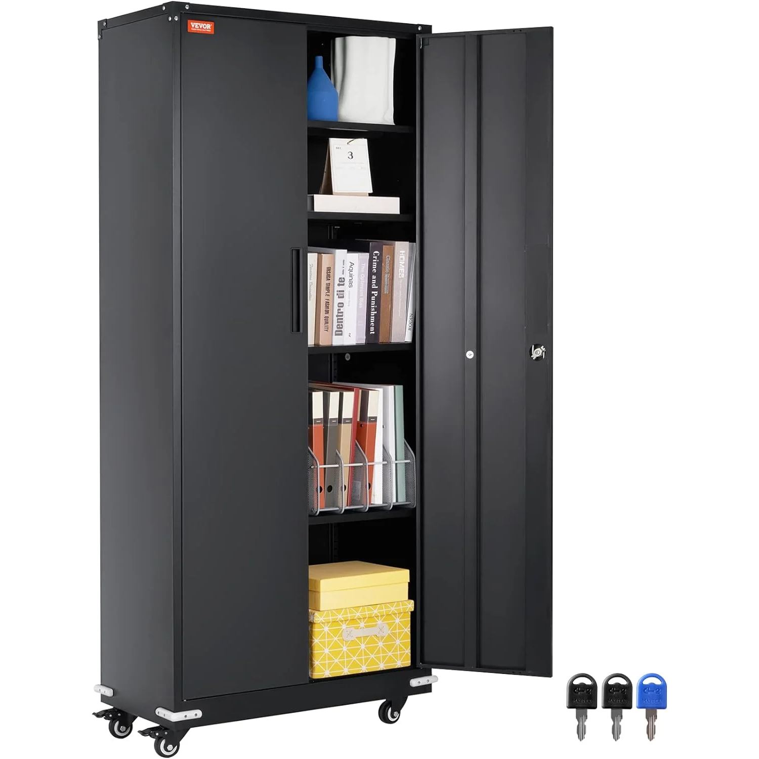 Metal Storage Cabinet with Wheels, 75'' Locking Steel Storage Cabinet with 2 Magnetic Doors and 4 Adjustable Shelves for Office, Garage, Home