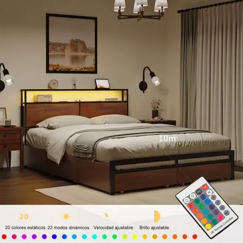 Cama Matrimonial Full Base+ Cabecera+ Cajones Luces Led Usb Color Marrón