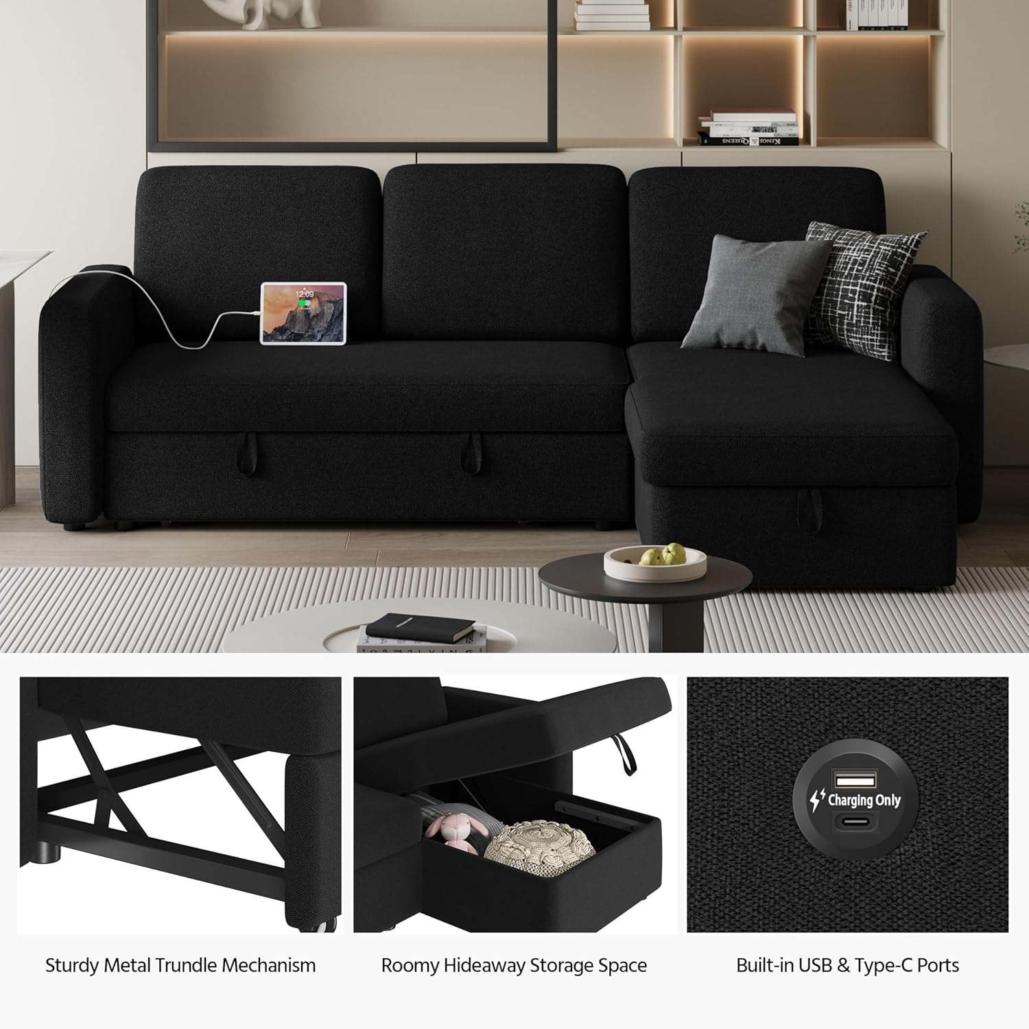 Sofá seccional en forma de L, sofá cama con sofá y USB, sofá reversible con cama extraíble y espacio de almacenamiento, color negro