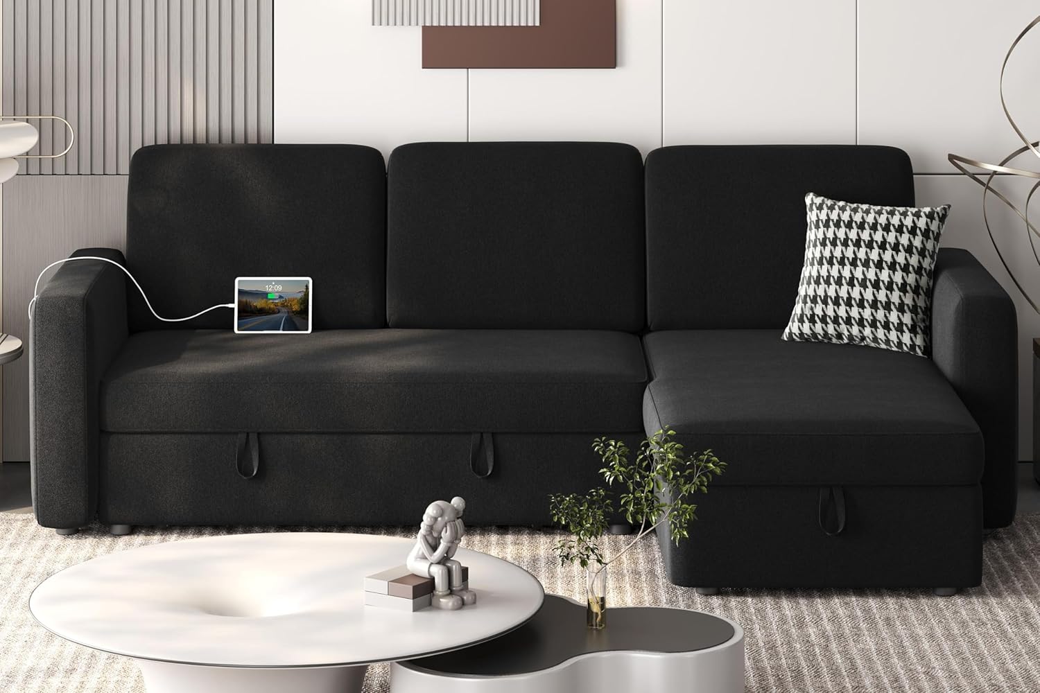 Sofá seccional en forma de L, sofá cama con sofá y USB, sofá reversible con cama extraíble y espacio de almacenamiento, color negro