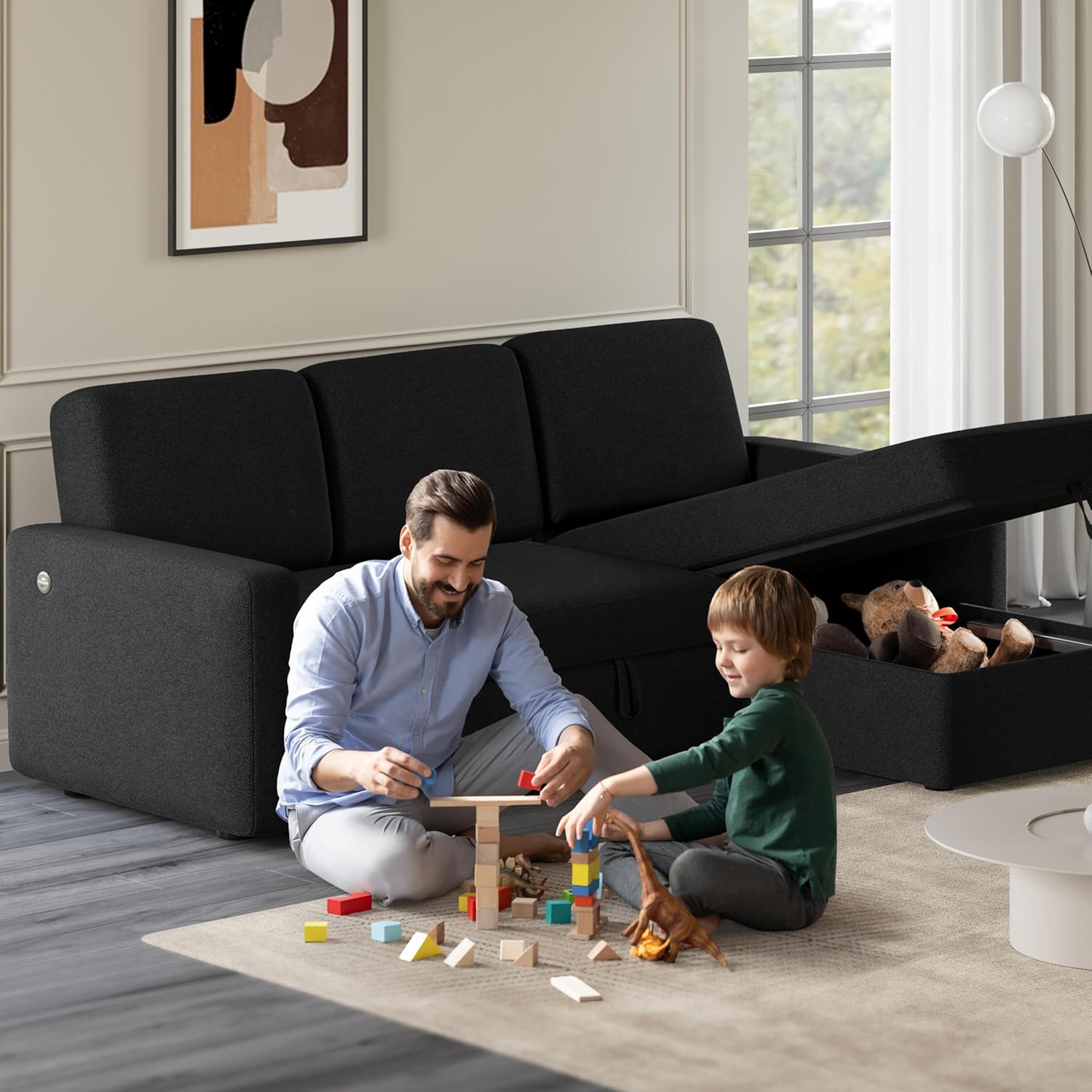 Sofá seccional en forma de L, sofá cama con sofá y USB, sofá reversible con cama extraíble y espacio de almacenamiento, color negro