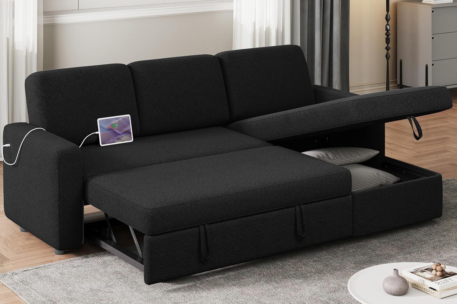 Sofá seccional en forma de L, sofá cama con sofá y USB, sofá reversible con cama extraíble y espacio de almacenamiento, color negro