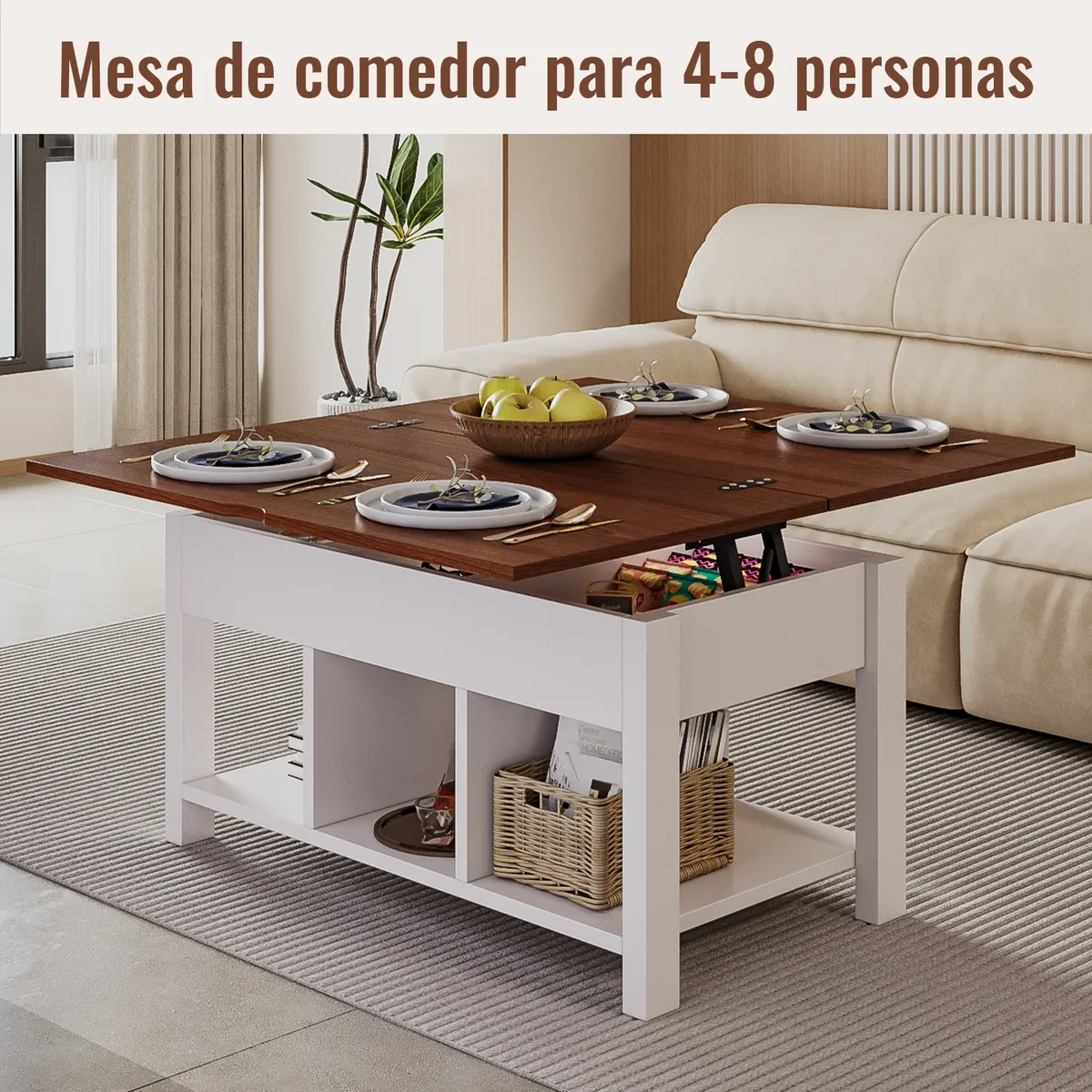 Mesa De Centro 4 in 1 con Doble Cubierta Elevable Marrón